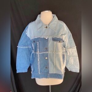 Women’s Color Block Frayed Hem Denim Jacket Large